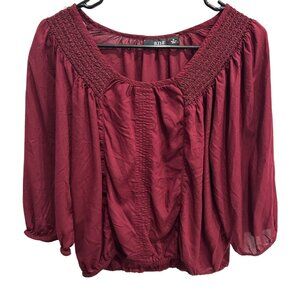A.N.A Red Smocked Neck Long Balloon Sleeve Boho Blouse Cropped Y2K Size M